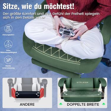 Ігровий крісло GTPLAYER з тканини, ергономічний офісний стілець, PC стілець, витримує до 150 кг, регульований та поворотний, з пружинним сидінням та підставкою для ніг, зелений