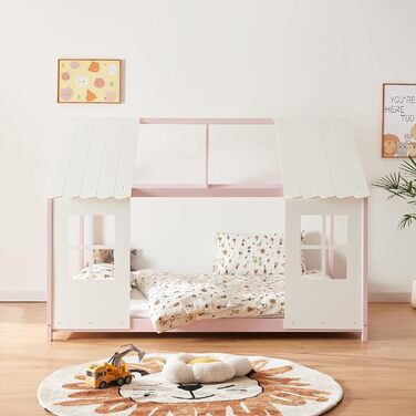 Дитяче ліжко Tostedt en.casa: ліжко-будиночок, ліжко-ігровий будиночок, ліжко Монтессорі з масиву сосни, 120x200 см, рожево-біле