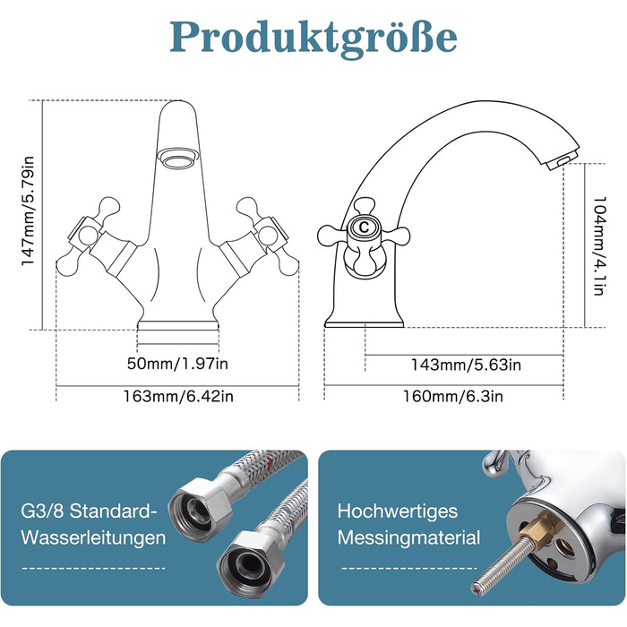 Змішувач для ванної кімнати з двома ручками, хром, з міді, ретро стиль, G3/8 | Змішувач для умивальника