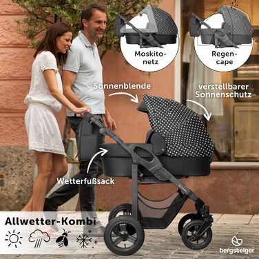 Дитяча коляска 3-в-1 Bergsteiger Capri - люлька, автокрісло i-Size, прогулянкове сидіння, повітряні колеса, амортизація, регульована ручка, складна, з аксесуарами (чорна в горошок | рама: антрацитова, дитяча коляска)
