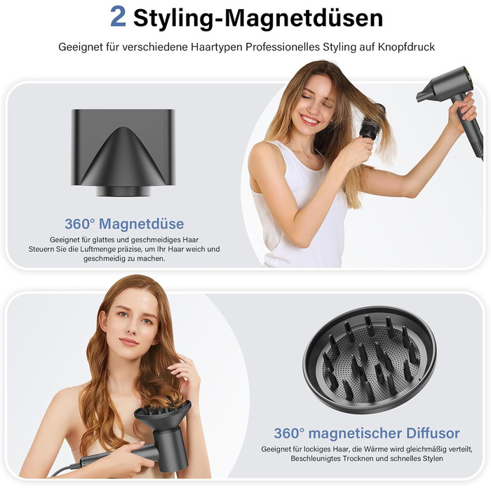 Професійний фен для волосся з дифузором, безщітковий мотор 110 000 об/хв, 400 млн плазмових іонів, низький рівень шуму 57дБ, чорний