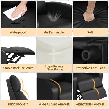 Крісло-релакс Yaheetech з регульованим нахилом, чорне, для вітальні, спальні, домашнього кінотеатру, штучна шкіра