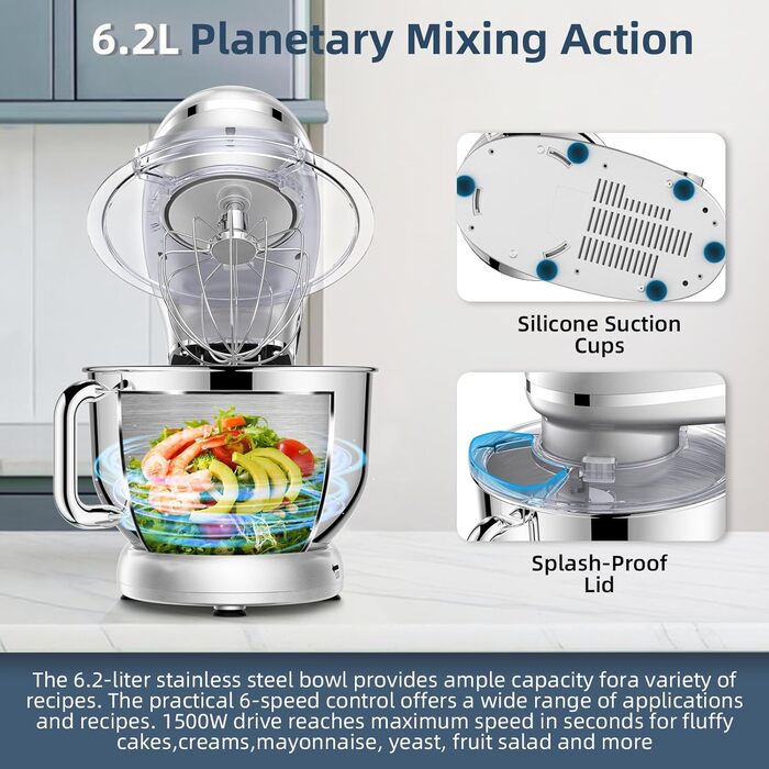 Кухонна машина Cheflee 2000W з місткою чашею 6.2L з нержавіючої сталі, 6 швидкостей, низький шум, набір насадок (міксер, гак для тіста), захист від бризок