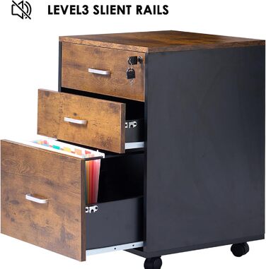 Шафа для документів SDHYL з 3 висувними ящиками на колесах, верхній ящик з замком, великий об'єм, для дому та офісу, ретро стиль