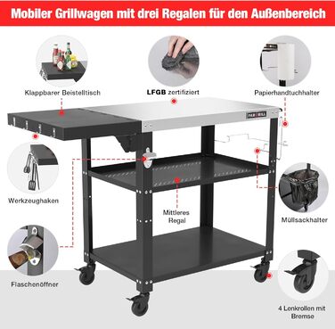 Мобільний сервісний візок для гриля з 3 рівнями, відкидним столиком та поворотними колесами на 360° з гальмом – багатофункціональний гриль-стіл з нержавіючої сталі для барбекю та саду