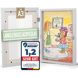 Рамки для дитячих малюнків KIYARI A4, 2 шт., білі, розкладні, з фронтальною відкриттям, для 150 малюнків, міцне дерево, безпечне скло, ідеально для творчих проєктів, дитячої кімнати та школи