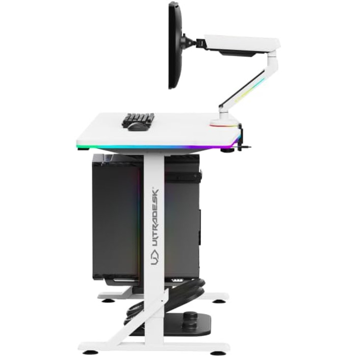 Комп'ютерний стіл ULTRADESK Iron з RGB підсвічуванням: механічний регульований стіл для геймінгу (білий)