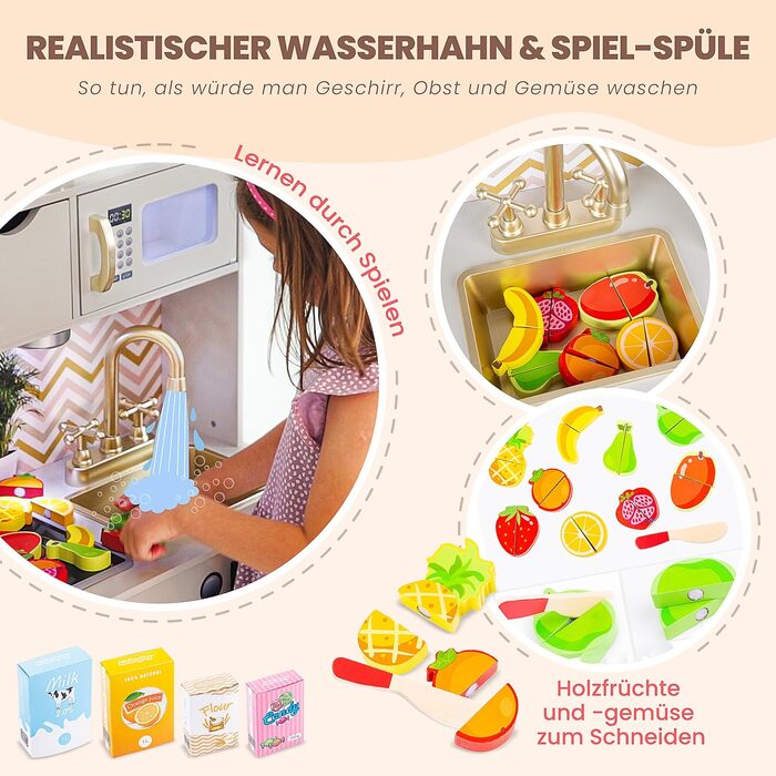 Дерев'яна дитяча кухня Kinderplay з LED та звуками приготування їжі – регульована висота 92–107 см – іграшкова кухня для ролевих ігор від 3 років – повний комплект з аксесуарами, світло-сірий колір Elegant - світло-сірий