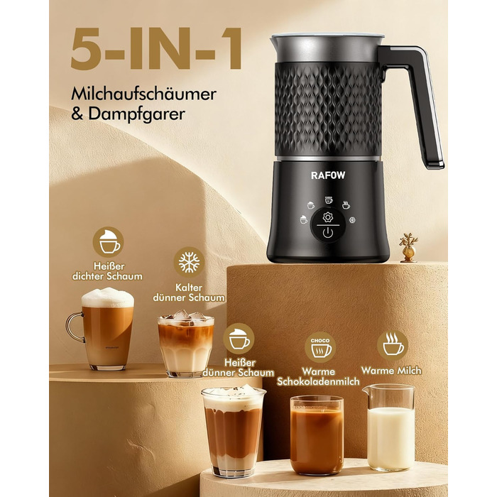 Електричний спінювач молока 5-в-1: автоматичний спінювач молока 350 мл, миється в посудомийній машині, для гарячого та холодного молока, капучино, лате, гарячого шоколаду