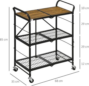 Складаний візок для кухні та сервірування HOMCOM, 3 яруси, 4 коліщатка, сталь, коричневий чорний, 68x35x85 см