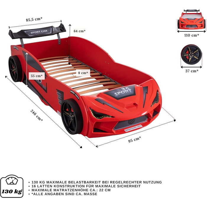 Дитяче ліжечко Aileenstore Дитяче ліжечко Rio 90x200 Ліжко для гоночних автомобілів з рейковим каркасом Світлодіодний спойлер (включаючи матрац Creativ Fresh H2, червоний без спортивних сидінь)