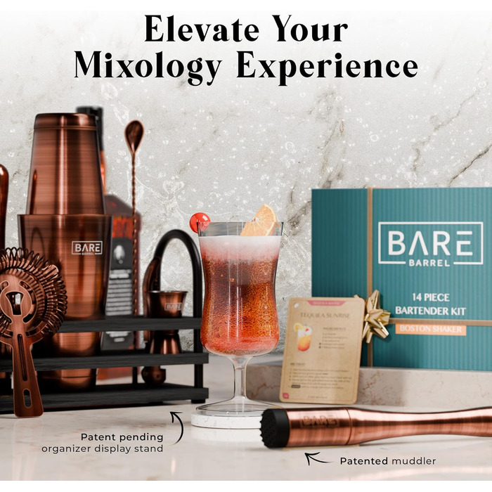 Набір барменів BARE BARREL Pro Mixology, 14 предметів, бостонський шейкер, барний посуд, підставка, 35 карток рецептів