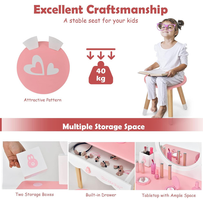 Дитячий туалетний столик LIFEZEAL 2 в 1 з дзеркалом та табуретом, рожевий, з шухлядами