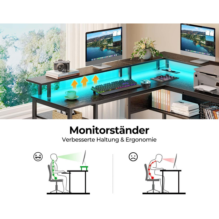 Роланстар Стіл ігровий L-подібний з LED та розеткою, 137 x 108 см, комп'ютерний стіл з підставкою для монітора та місцем для зберігання, реверсивний кутовий стіл для офісу, домашнього офісу (Білий) (Чорний)