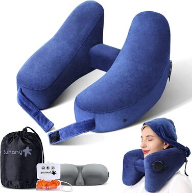 Подушка для шиї надувна Дорожня подушка зручно підтримує голову, шию і підборіддя, подушку для літака з м'яким велюровим покриттям, капелюх, портативний шнурок, 3D-маску для очей і затички для вух (синій)
