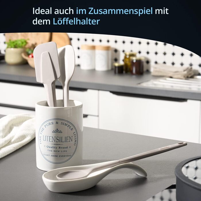 Тримач для посуду з керамічного каменю білого кольору, контейнер для 8 кухонного приладдя, глянцева глазурована емаль, без вмісту БФА, етикетка, Ø 10 см, H 14 см.