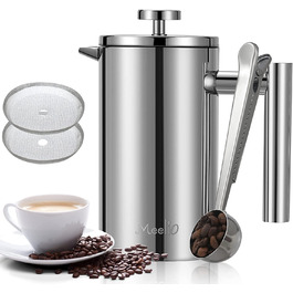 Френч-прес для кави MeelioCafe об'ємом 0,35 літра(2 чашки), термостійкий боросилікатний кавовий прес, маленький кавовий прес, 350 мл, чорний (сріблястий, 1000 мл)