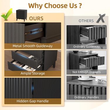 LED тумбочка Gurexl з зарядкою та 3 шухлядами, дерев'яна, з USB та Type-C, з датчиком руху, для спальні, вітальні, офісу, чорна