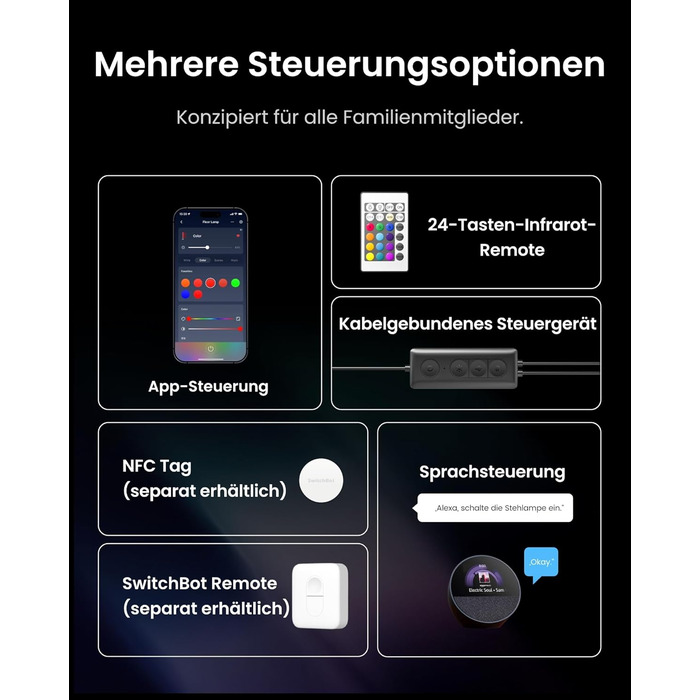 SwitchBot Matter Підлоговий світильник для вітальні та спальні, RGBWW, димування, Apple Home, Alexa, Google Home, керування через APP, музичні та сценні режими, чорний