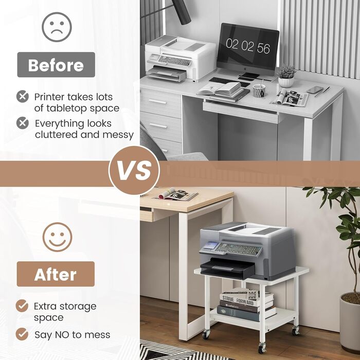 Стіл для принтера HOMASIS з 2 ящиками, стійка для принтера з 4 колесами та 2 гальмами, вантажопідйомність 55 кг, для офісу та дому (білий)