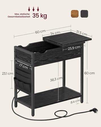 Журнальний столик VASAGLE, тумбочка з розеткою, вузька, з USB-портами, сумка, для вітальні, спальні, вінтажнийкоричнево-чорний LET3B0 (2, чорний дерев'яне зерно)