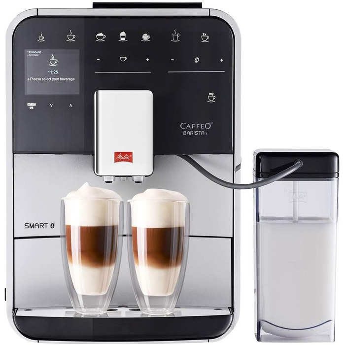 Кавомашина Melitta Caffeo Barista T Smart F831-101, автоматична, з управлінням через смартфон, One Touch, срібляста, з насадкою для молока, нержавіюча сталь, чорна