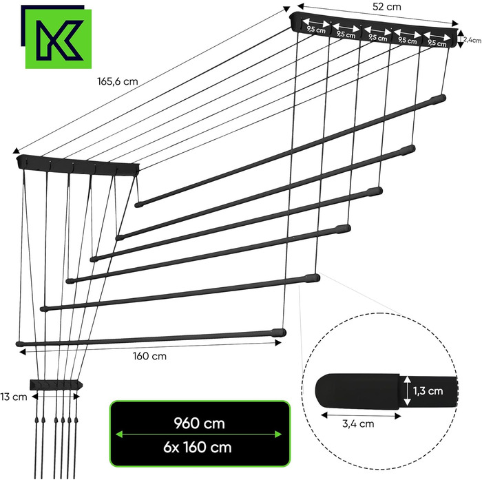 Стельова сушильна машина KADAX, 6 сталевих перекладин, вантажопідйомність 12 кг, чорна (6x160)