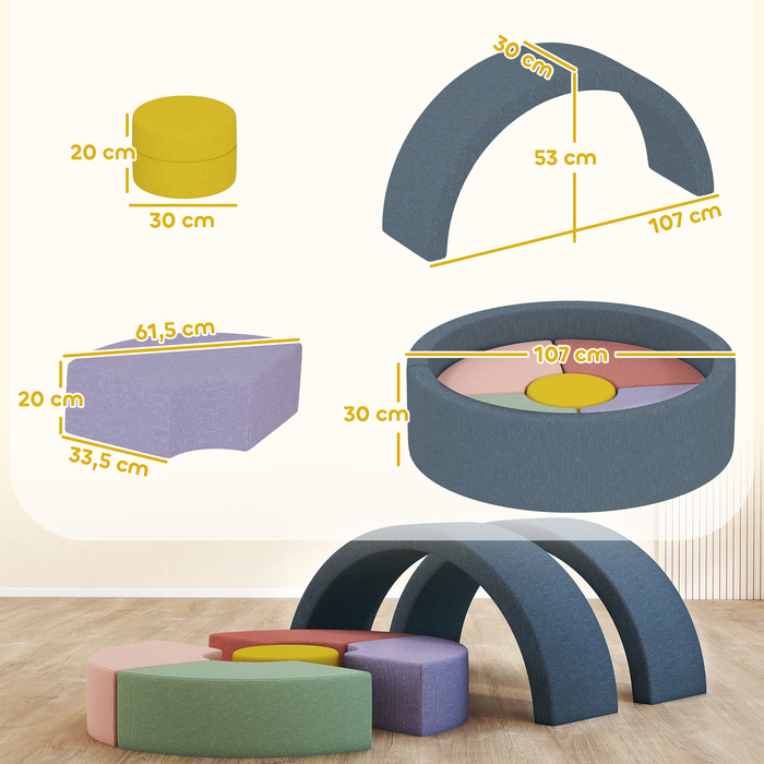 Набір з 7 м'яких конструкторів для малюків: пінопласт, знімний чохол з тканини-корд, різні форми, різнокольорові.