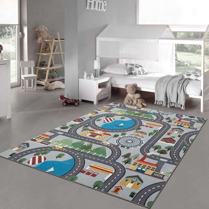 Килим-мрія дітей, килимок для ігор з міським пейзажем на сірому тлі розміром (200 см кв.)