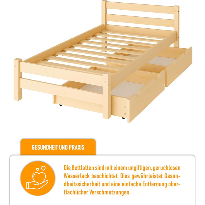 Дитяче ліжко Врубель 90x200 см з 2 шухлядами та ламелями - односпальне ліжко з масиву сосни - ліжко Монтессорі для дітей - ліжко-юніор білого кольору - без матрацу