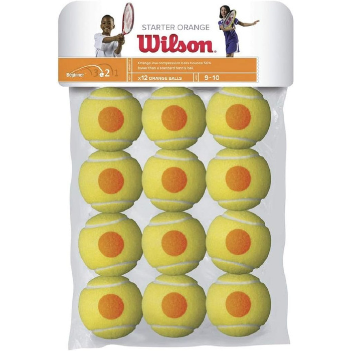 Тенісні м'ячі Wilson Starter Помаранчевий для дітей, жовтий/помаранчевий, упаковка з 12 шт. , WRT137200 та тенісні м'ячі Starter Play Green для дітей та підлітків, жовтий, коробка з 4 шт. , WRT137400