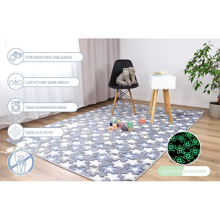 Світиться килим для дитячої кімнати-дитячий флуоресцентний килимок для ігор, який можна прати (суміш сірих зірок, 100x160 см)