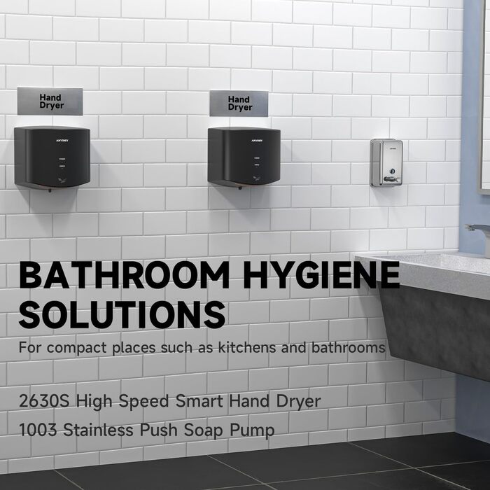 Anydry 2630S - Компактний електричний сушар для рук, автоматичний, настінний, для дому та бізнесу, чорний