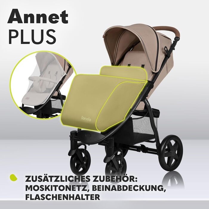 Коляска Lionelo Annet для дітей до 22 кг з функцією лежання, компактно складна, з аксесуарами (москітна сітка, підніжка, тримач для напоїв, кошик)