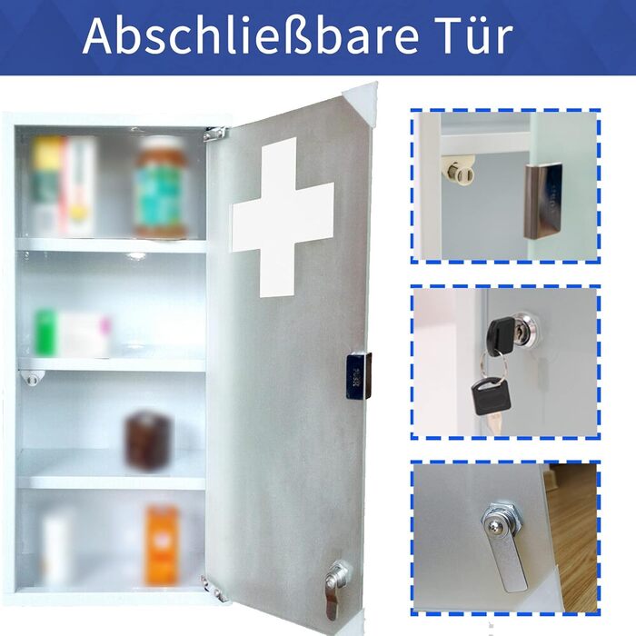 Шафка для ліків Style Home з приладною ручкою, 60x30x12 см, 4 відділення, металева, з дверцятами зі скла, з ключем (біла)