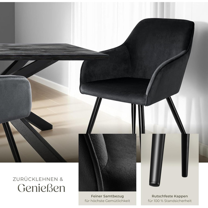 Тектейк® сучасний стілець для їдальні з підлокітниками, м'яке сидіння з велюру, крісло для вітальні, оббитий офісний стілець з чорними металевими ніжками, стілець для туалетного столика - коричневий/чорний (набір 2 шт., Чорний)