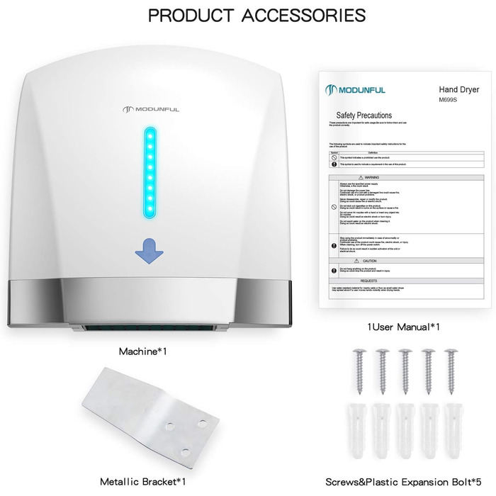 Автоматичний сушар для рук Modunful з інфрачервовим сенсором, настінний, 2000W, тихий (40 dB), ABS-покриття, білий