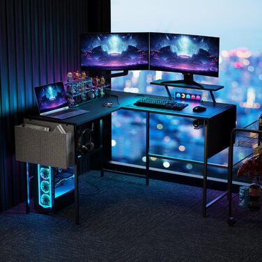 Ігровий стіл VidaTeco з LED-підсвіткою, кутовий стіл L-подібної форми, 120-150 см, з розеткою, органайзером, підставкою для монітора, білий (чорний)