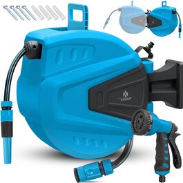 KESSER® Автоматична кавова машина для шлангів 30м з підключенням до стіни, автозмотування, поворот 180°, насадка-пістолет з 9 режимами, 2 насадки (Синій)