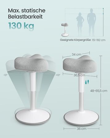SONGMICS Стілець-табурет для стоячи, регульована висота 48-65.5 см, обертовий, сірий, для офісу та дому (OSC018BH01)