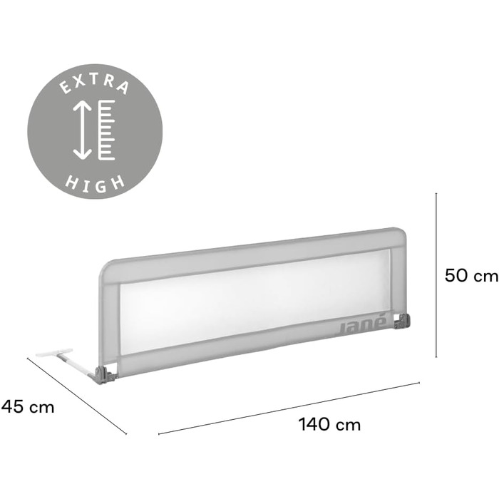 Бортик для ліжечка Jané Klappbares Kinderbettgitter Extra Hoch (140 см, сірий) - дихаючий, з сумкою для транспортування