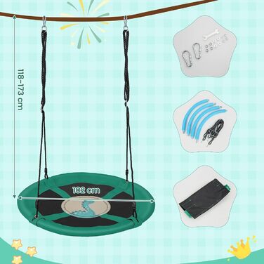 Шоукель-гніздо COSTWAY, дитяча гойдалка, гойдалка на дерево, гойдалка-лебідь, кругла гойдалка для дому та вулиці, Ø 100 см (зелена)