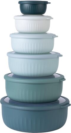 Набір кухонних мисок Cook With Color з кришкою, 12 шт., блакитно-зелений колір, широкі та глибокі, з можливістю складання