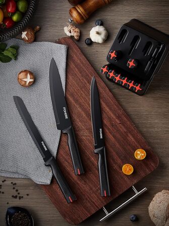 Набір ножів FOHERE 13 предметів з точилкою. Набір кухонних ножів з нержавіючої сталі з підставкою та інтегрованою точилкою (чорний)