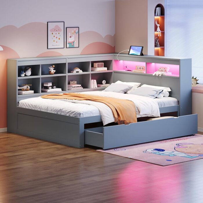 Диван-ліжко Kehun Doppelbet з LED-підсвіткою та USB-портом, трансформер з ящиками для зберігання та полицею, ліжко з ламелями, білий колір, без матраца, 140x200 см (сірий)