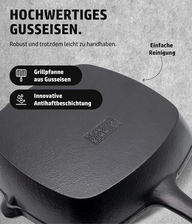 Сковорода-гриль HENSSELERS® з чавуну [26 см] для всіх типів плит та духовок, включаючи газові та індукційні плити. Антипригарна сковорода для стейків. Чотирикутна чавунна сковорода для гриля