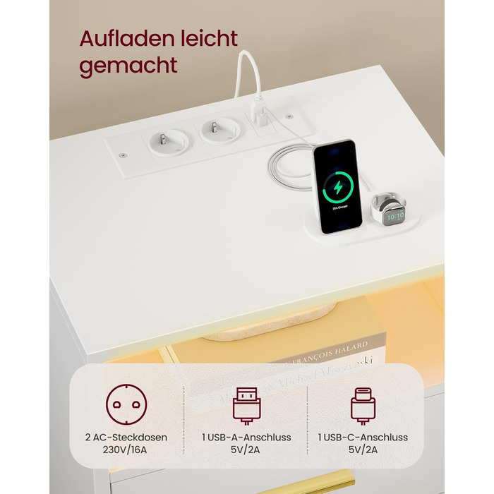 VASAGLE Custos: Набір з 2 тумбочок з LED-підсвіткою та зарядкою, білий, з шухлядами та USB-портами