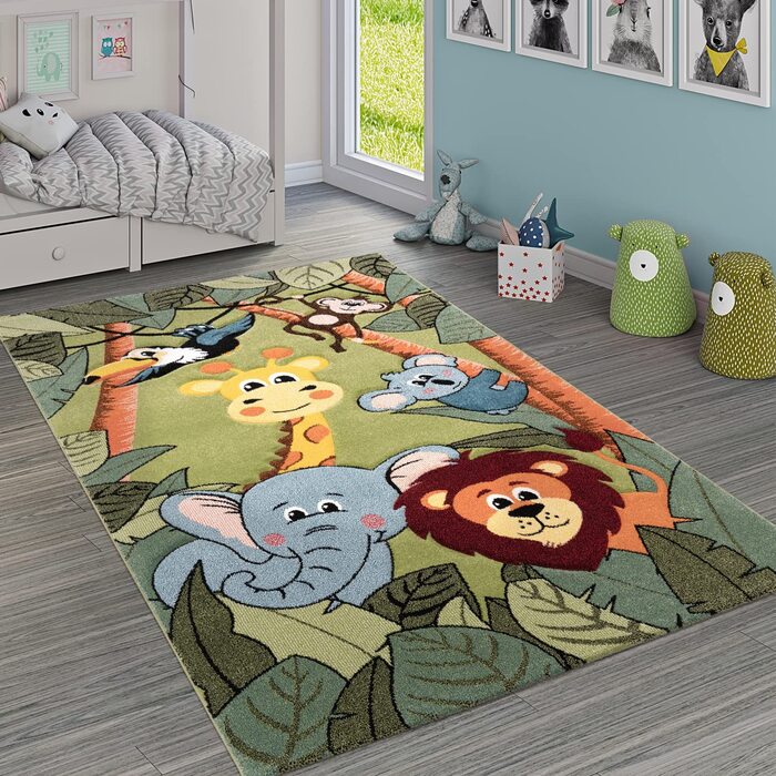 Домашній дитячий килим Paco для дитячої кімнати, джунглі, тварини, жираф, Лев, мавпа, бегемот, зелений, Розмір (120 х 170 см)