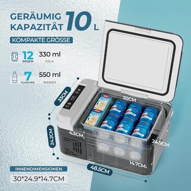 EUHOMY компресорний холодильник 10L (-20℃~20℃) 12/24V DC & 230V AC з Bluetooth, швидке охолодження 15 хв, для кемпінгу та подорожей