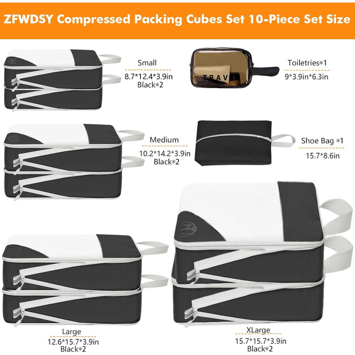 Набір компресійних органайзерів для подорожей Packwürfel, 10 предметів, чорні сумки-пакувальники для економії місця у валізі
